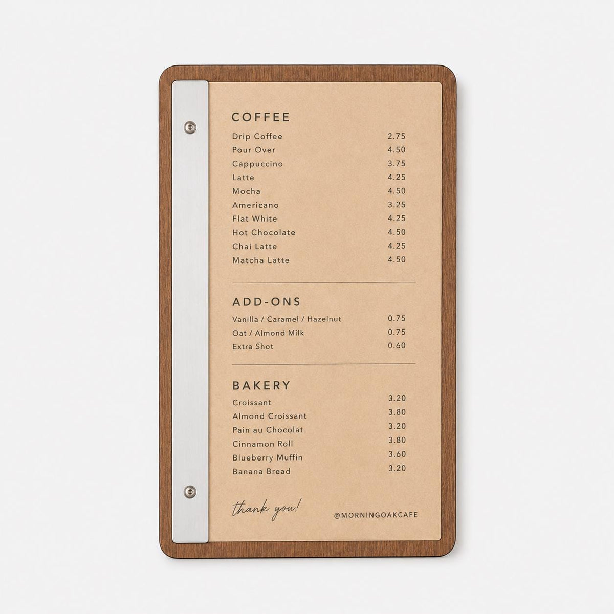 Portamenu tavoletta pioppo color noce in legno bacchetta verticale plexiglas specchiato formato A4 Personalizzato | Menu Ristorante