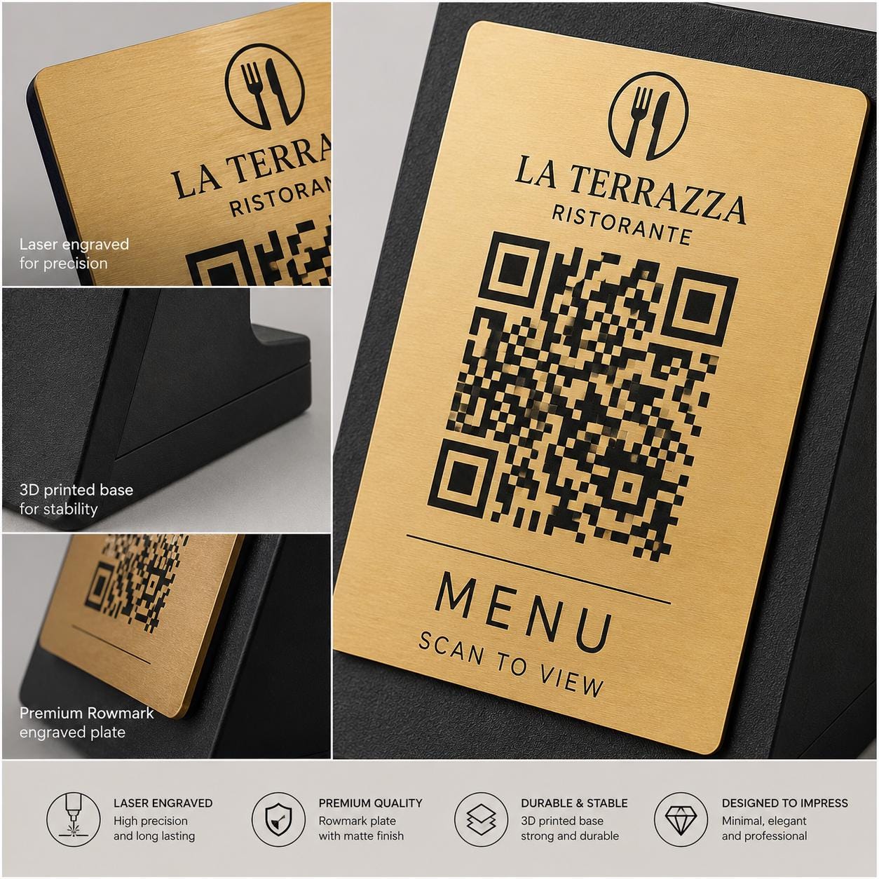 Menu arancione QR Code Personalizzato ScanFrame Stand in Metallo Inciso per Ristorante e Bar Segnatavolo Menu Digitale Display QR 3d