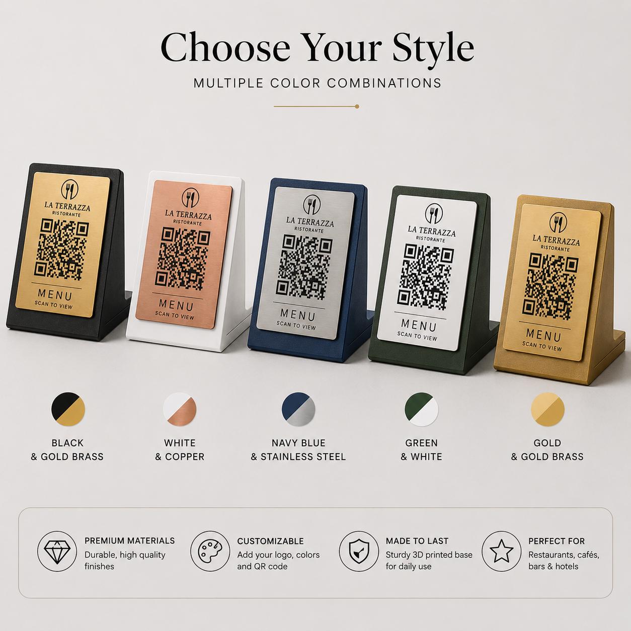 Porta Menu QR Code Personalizzato ScanFrame Stand in Metallo Inciso per Ristorante e Bar Segnatavolo Menu Digitale Display QR 3d