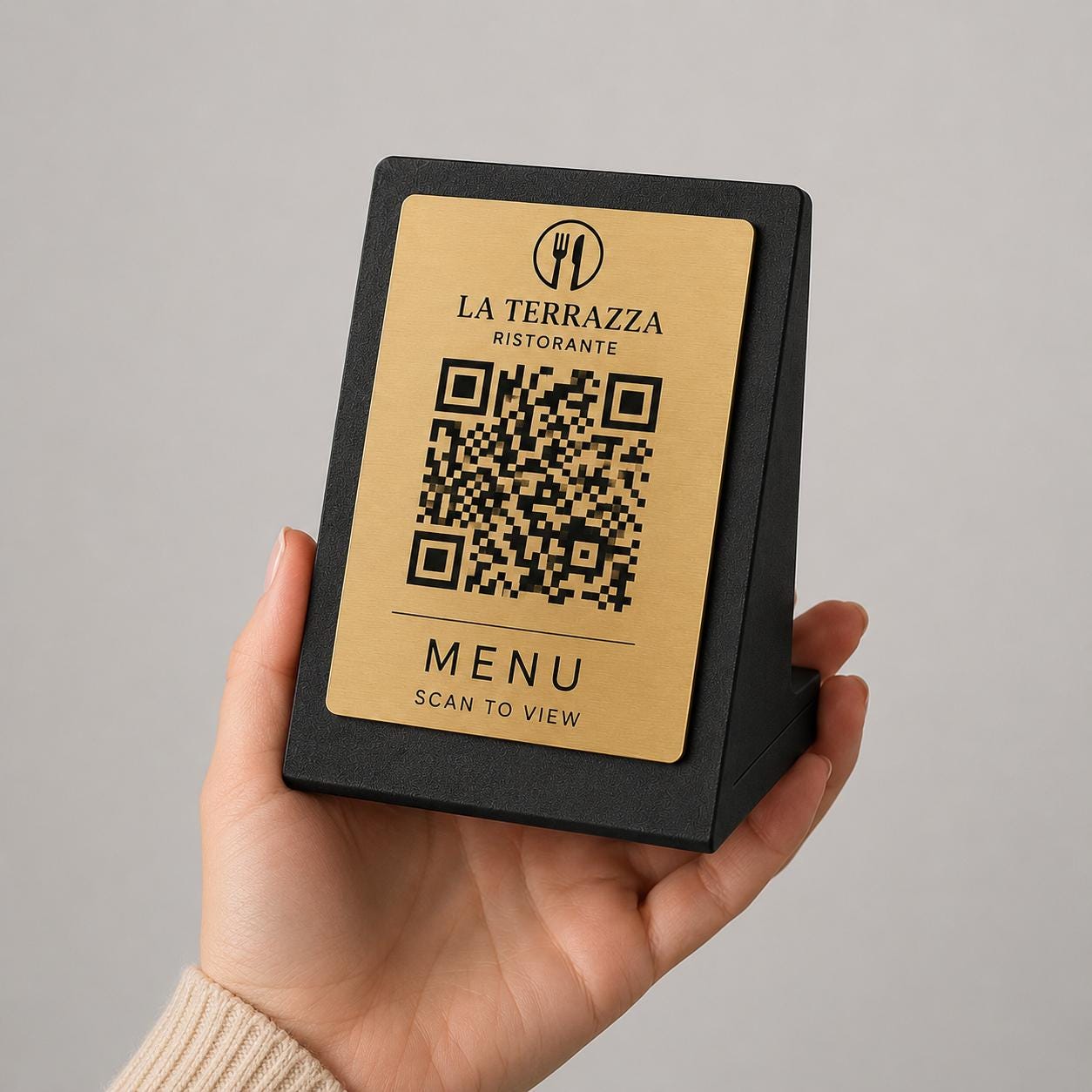 Menu arancione QR Code Personalizzato ScanFrame Stand in Metallo Inciso per Ristorante e Bar Segnatavolo Menu Digitale Display QR 3d