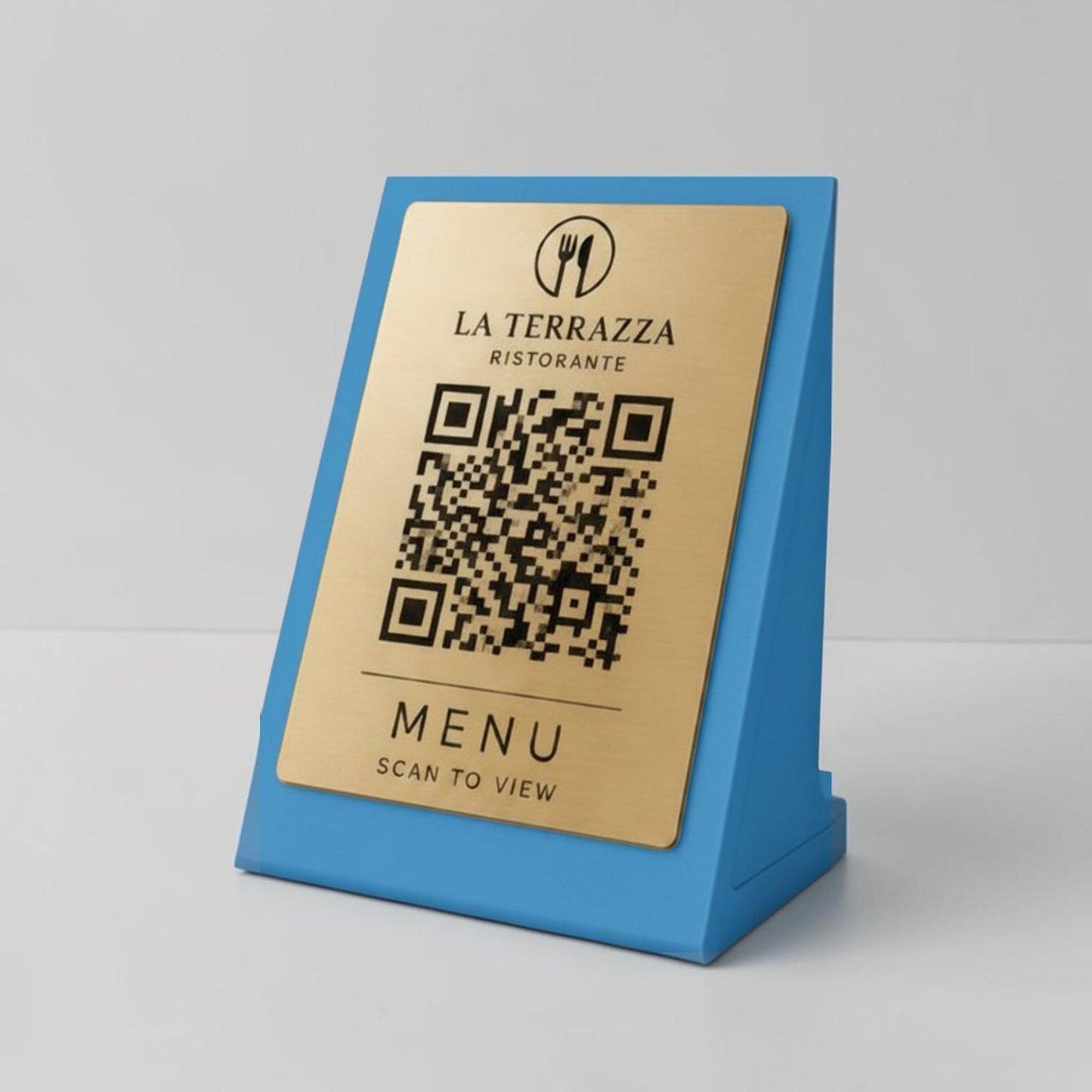 Qr code Azzurro Personalizzato ScanFrame Stand in Metallo Inciso per Ristorante e Bar Segnatavolo Menu Digitale Display QR 3d