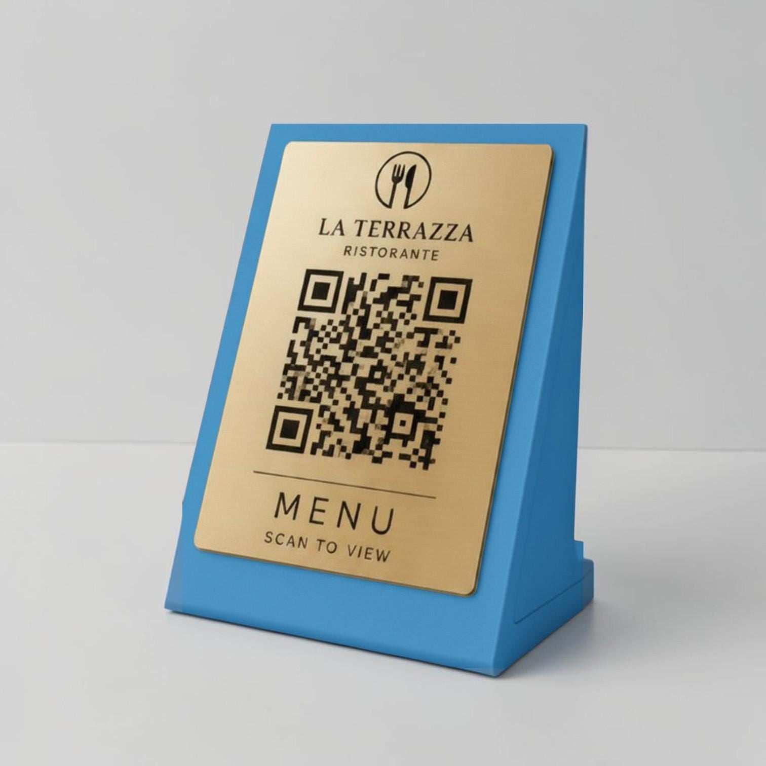 Qr code Azzurro Personalizzato ScanFrame Stand in Metallo Inciso per Ristorante e Bar Segnatavolo Menu Digitale Display QR 3d