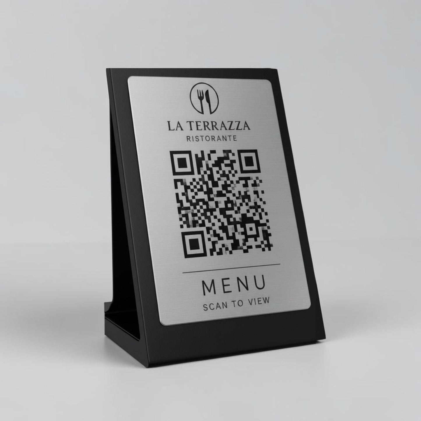 Qr code Nero acciaio elegante Personalizzato ScanFrame Stand in Metallo Inciso per Ristorante e Bar Segnatavolo Menu Digitale Display QR 3d