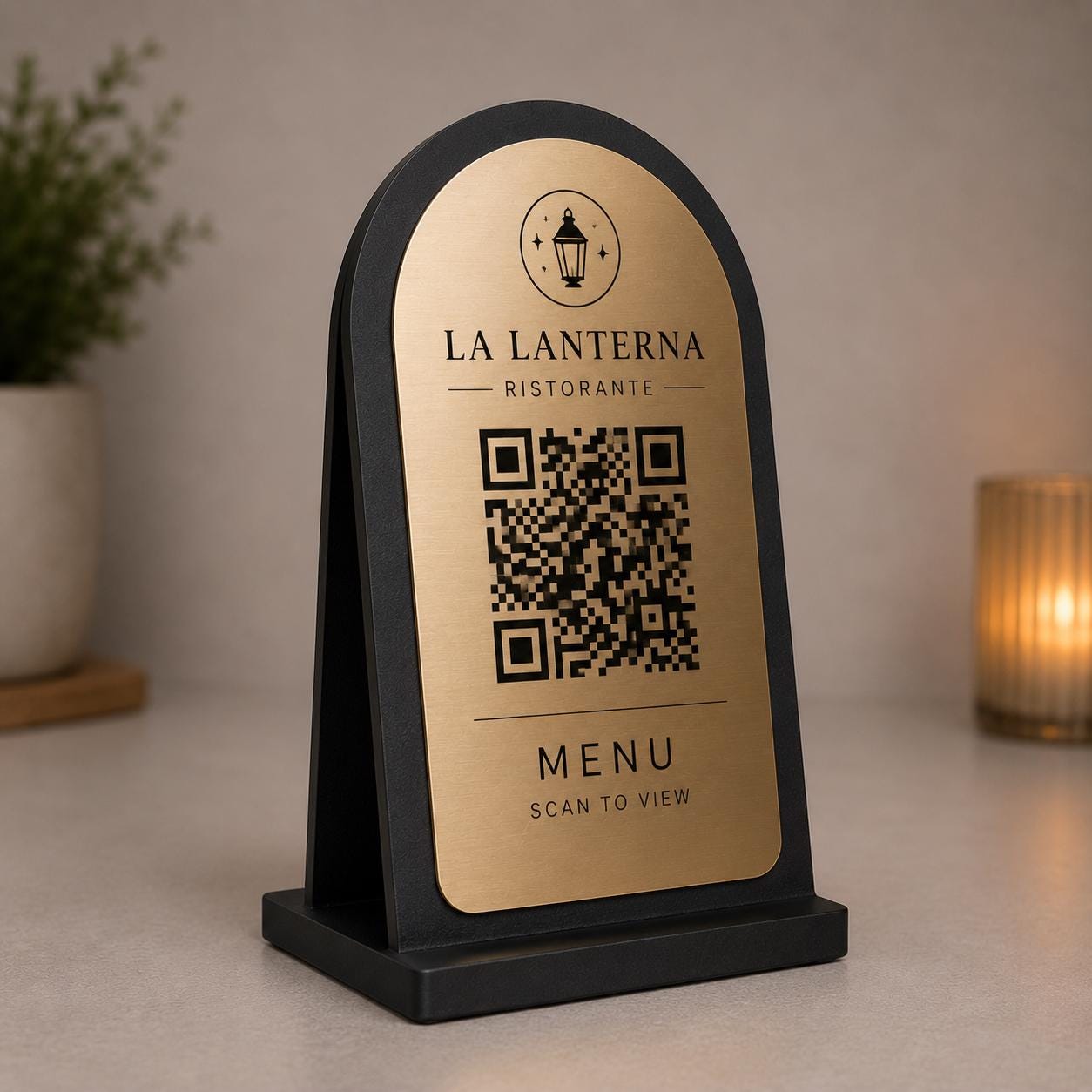 QR Code Menu arancio Personalizzato in Plexiglass Oro e Nero | Segnaposto Ristorante Elegante | Menu Digitale per Tavolo Menu Moderno