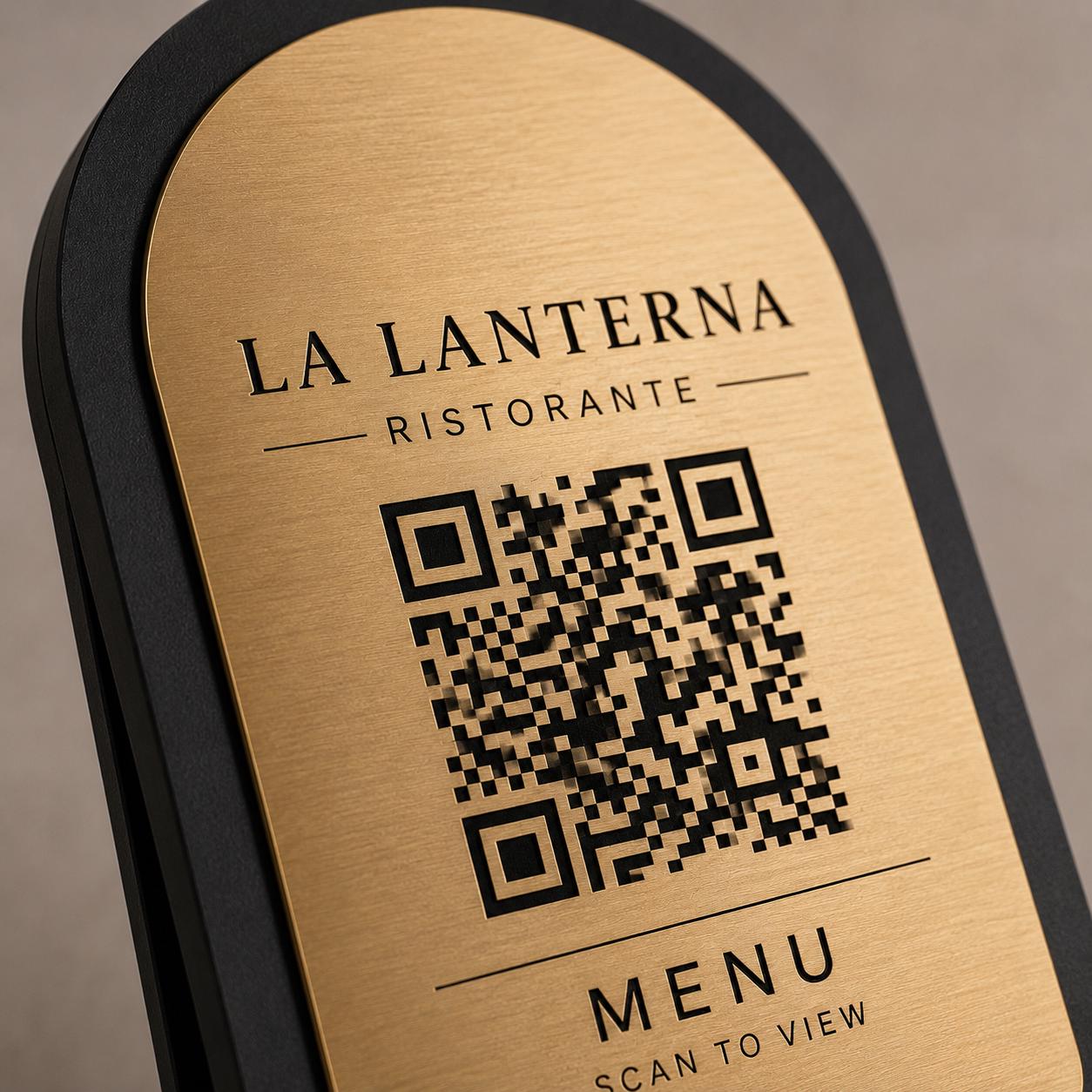 QR Code Menu arancio Personalizzato in Plexiglass Oro e Nero | Segnaposto Ristorante Elegante | Menu Digitale per Tavolo Menu Moderno