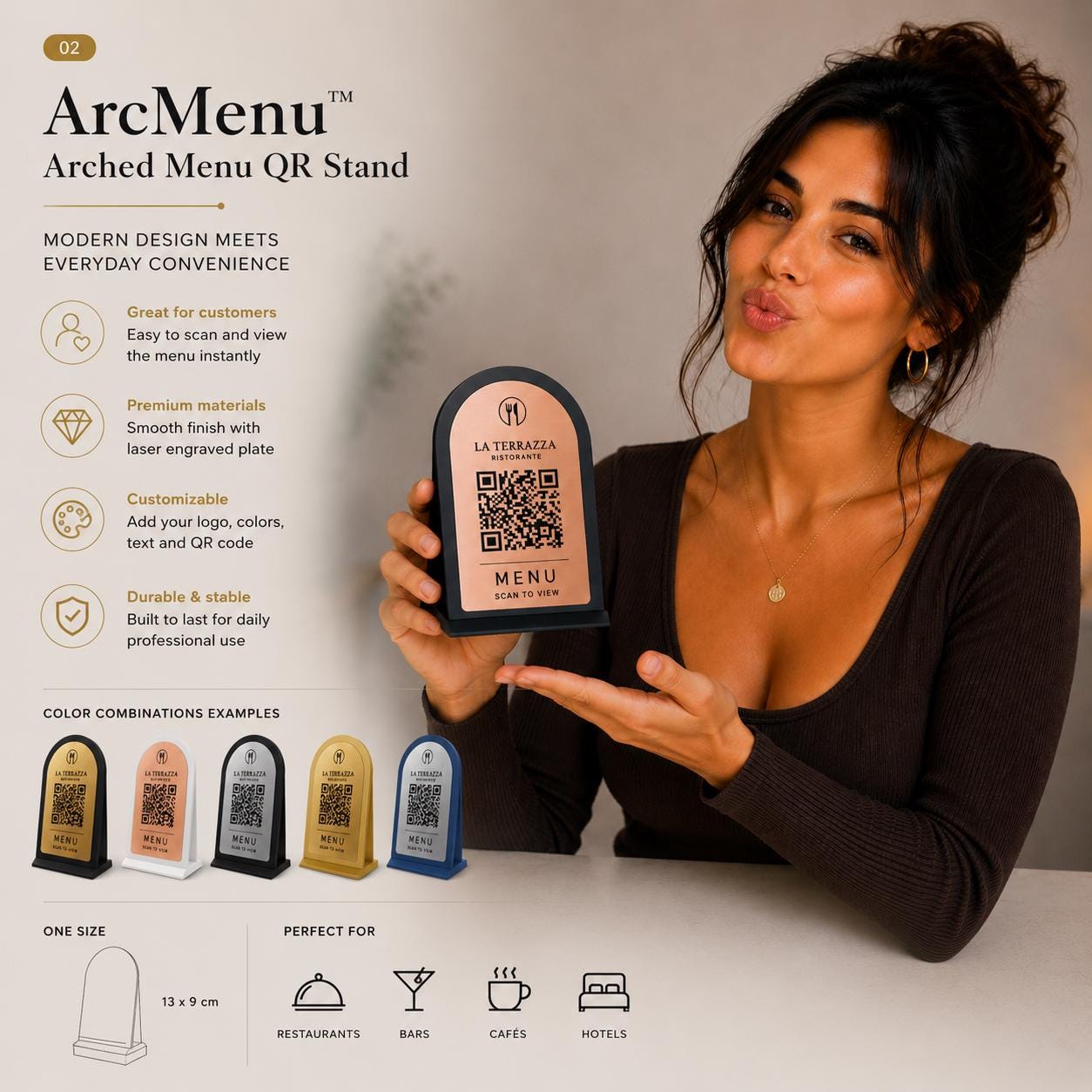 QR Code Menu arancio Personalizzato in Plexiglass Oro e Nero | Segnaposto Ristorante Elegante | Menu Digitale per Tavolo Menu Moderno