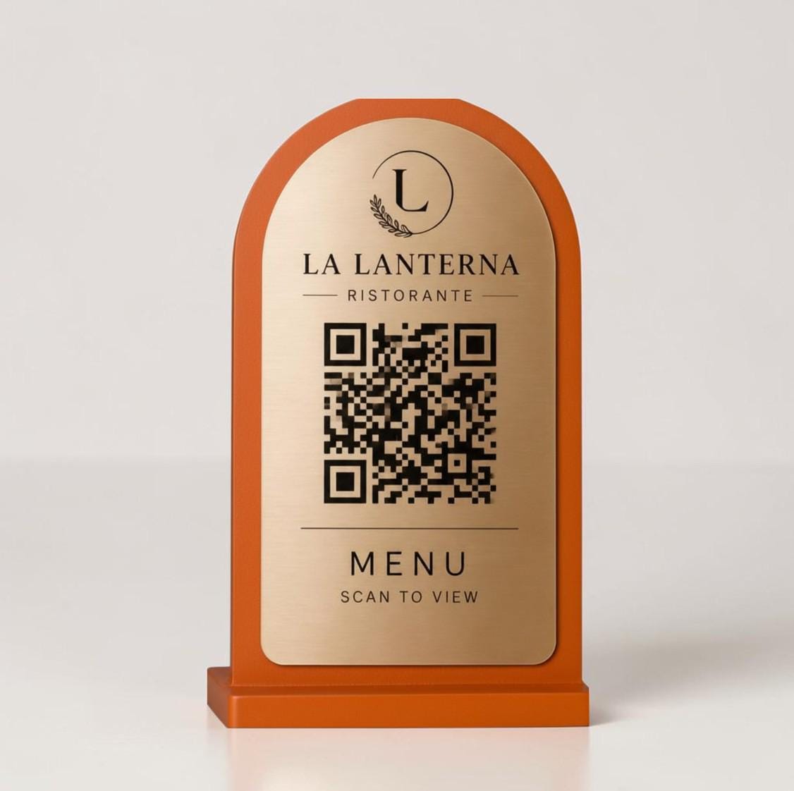 QR Code Menu arancio Personalizzato in Plexiglass Oro e Nero | Segnaposto Ristorante Elegante | Menu Digitale per Tavolo Menu Moderno