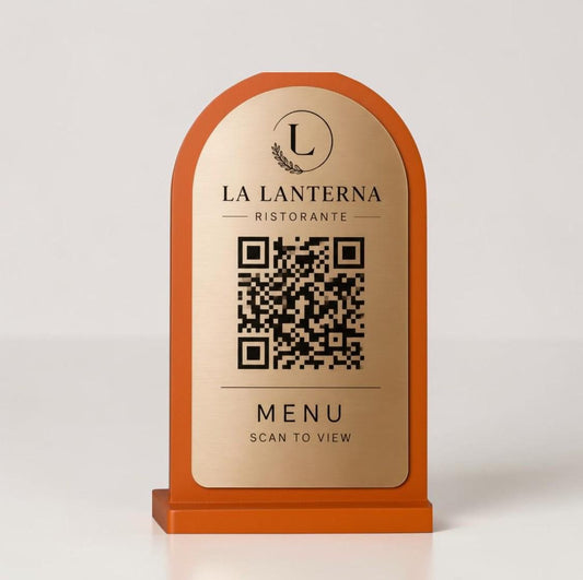 QR Code Menu arancio Personalizzato in Plexiglass Oro e Nero | Segnaposto Ristorante Elegante | Menu Digitale per Tavolo Menu Moderno
