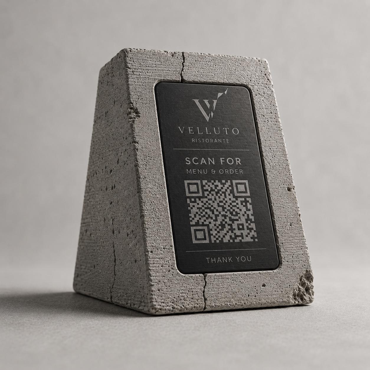QR Code in pla effetto cemento e nero total black brutalist Personalizzato | Segnaposto Ristorante Elegante | Menu Digitale Menu Cavaliere