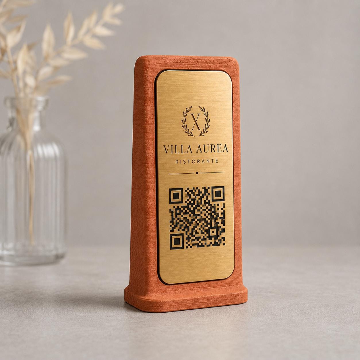 Supporto QR Code Menu Ristorante in PLA Terracotta nero | Totem da Tavolo Personalizzato con Logo e Targhetta Incisa Laser | WiFi, Menu