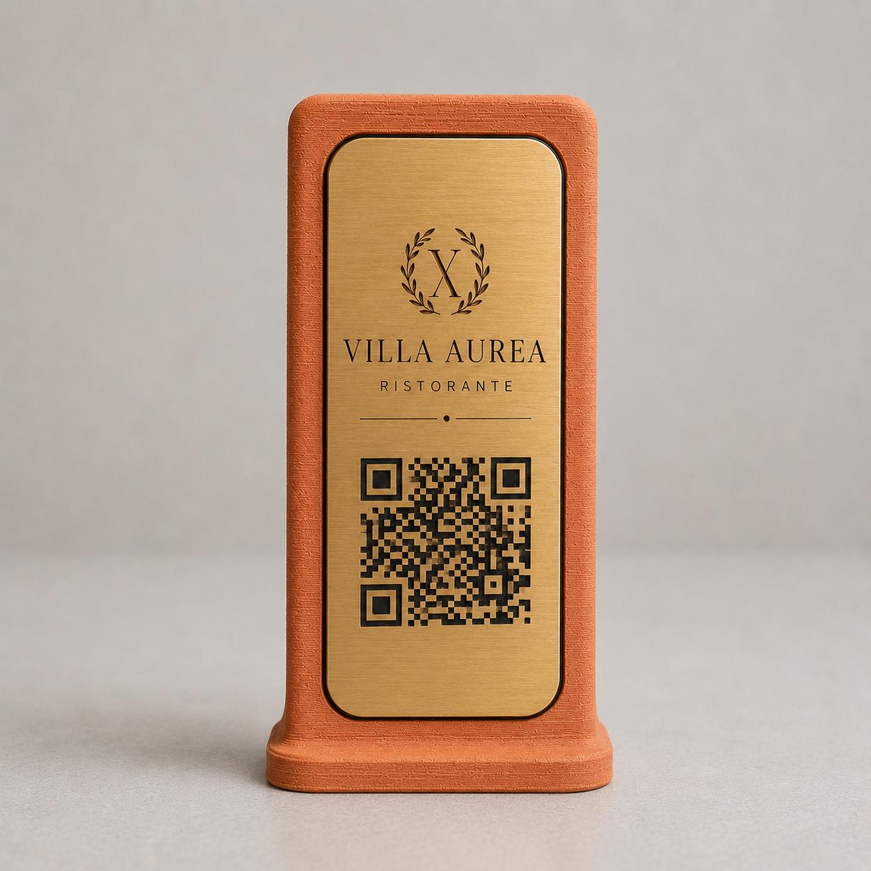 Supporto QR Code Menu Ristorante in PLA Terracotta nero | Totem da Tavolo Personalizzato con Logo e Targhetta Incisa Laser | WiFi, Menu