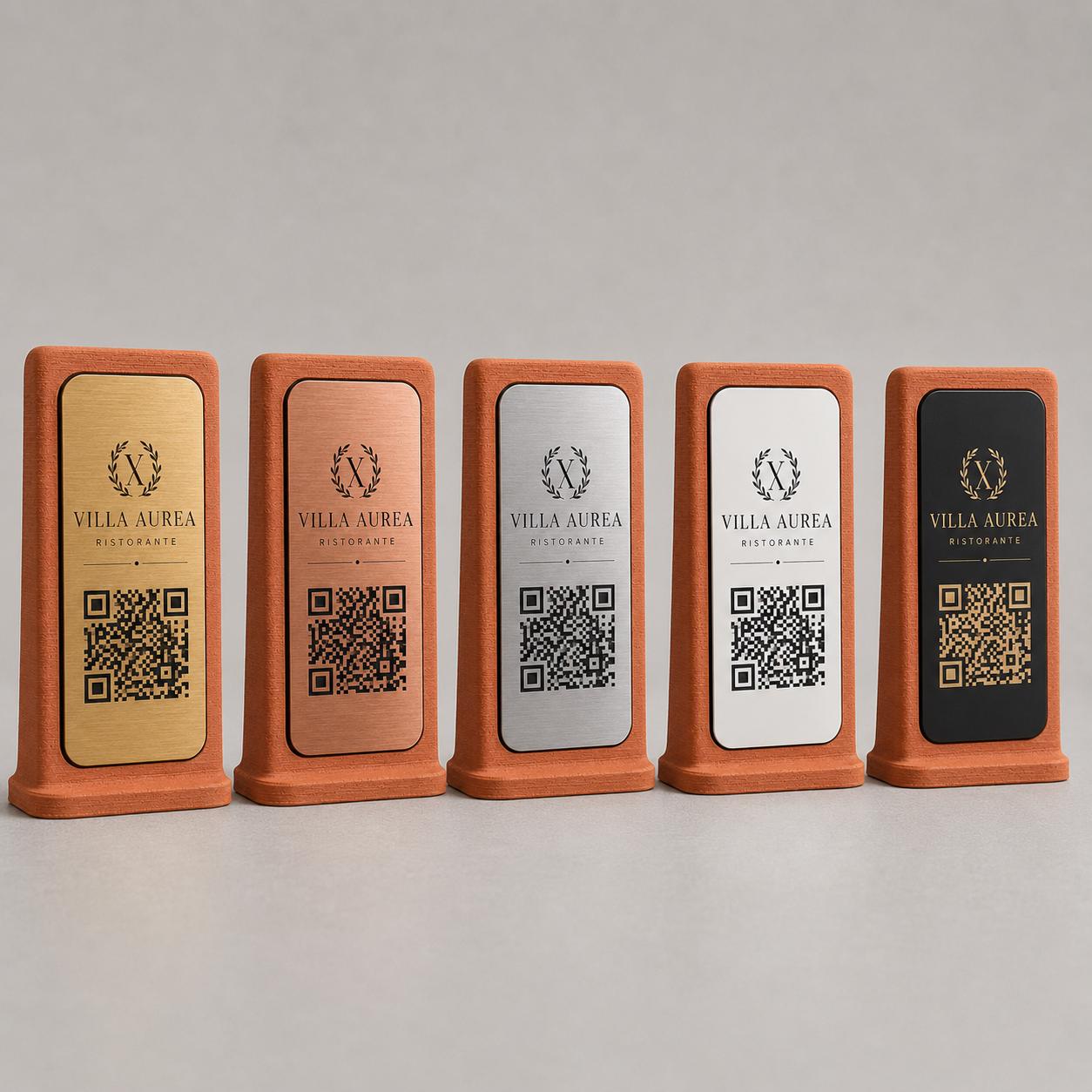 Supporto QR Code Menu Ristorante in PLA Terracotta nero | Totem da Tavolo Personalizzato con Logo e Targhetta Incisa Laser | WiFi, Menu