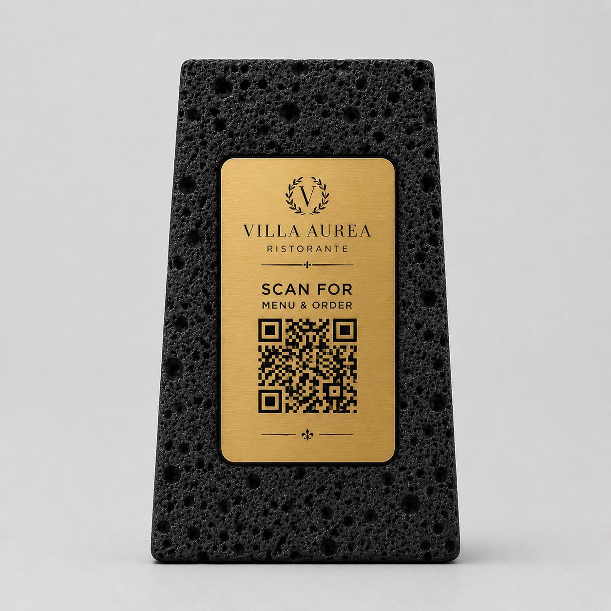Supporto QR Code Menu Ristorante in PLA effetto pietra vulcanica black | Totem da Tavolo Personalizzato con Logo e Targhetta Incisa Laser