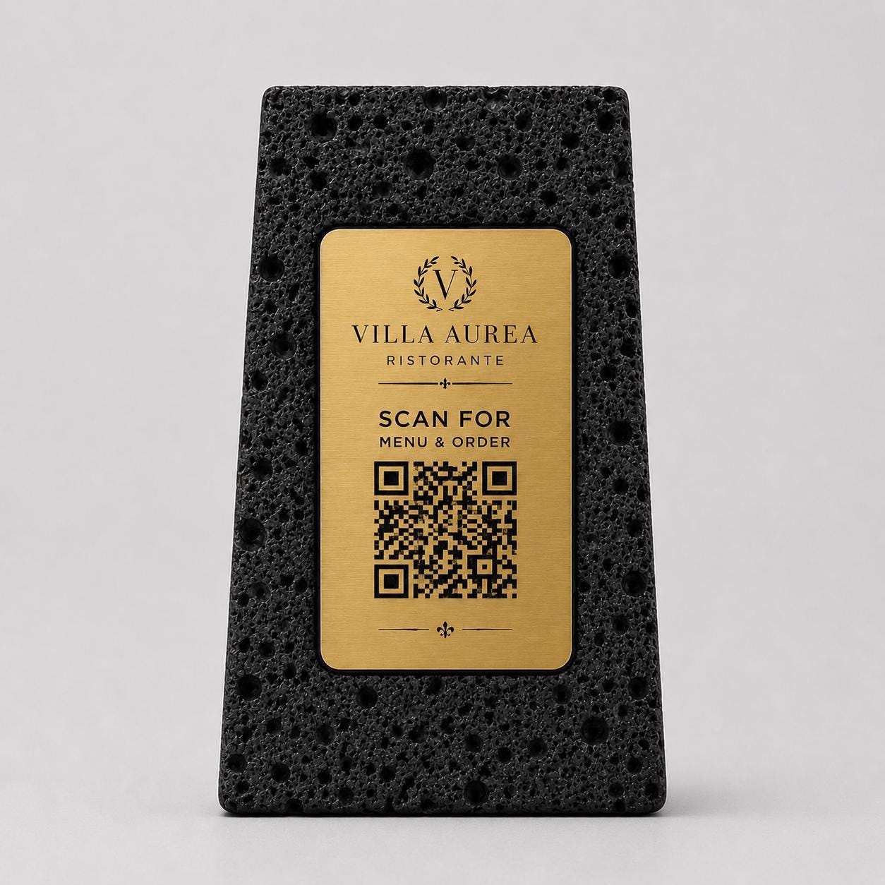 Supporto QR Code Menu Ristorante in PLA effetto pietra vulcanica rame | Totem da Tavolo Personalizzato con Logo e Targhetta Incisa Laser