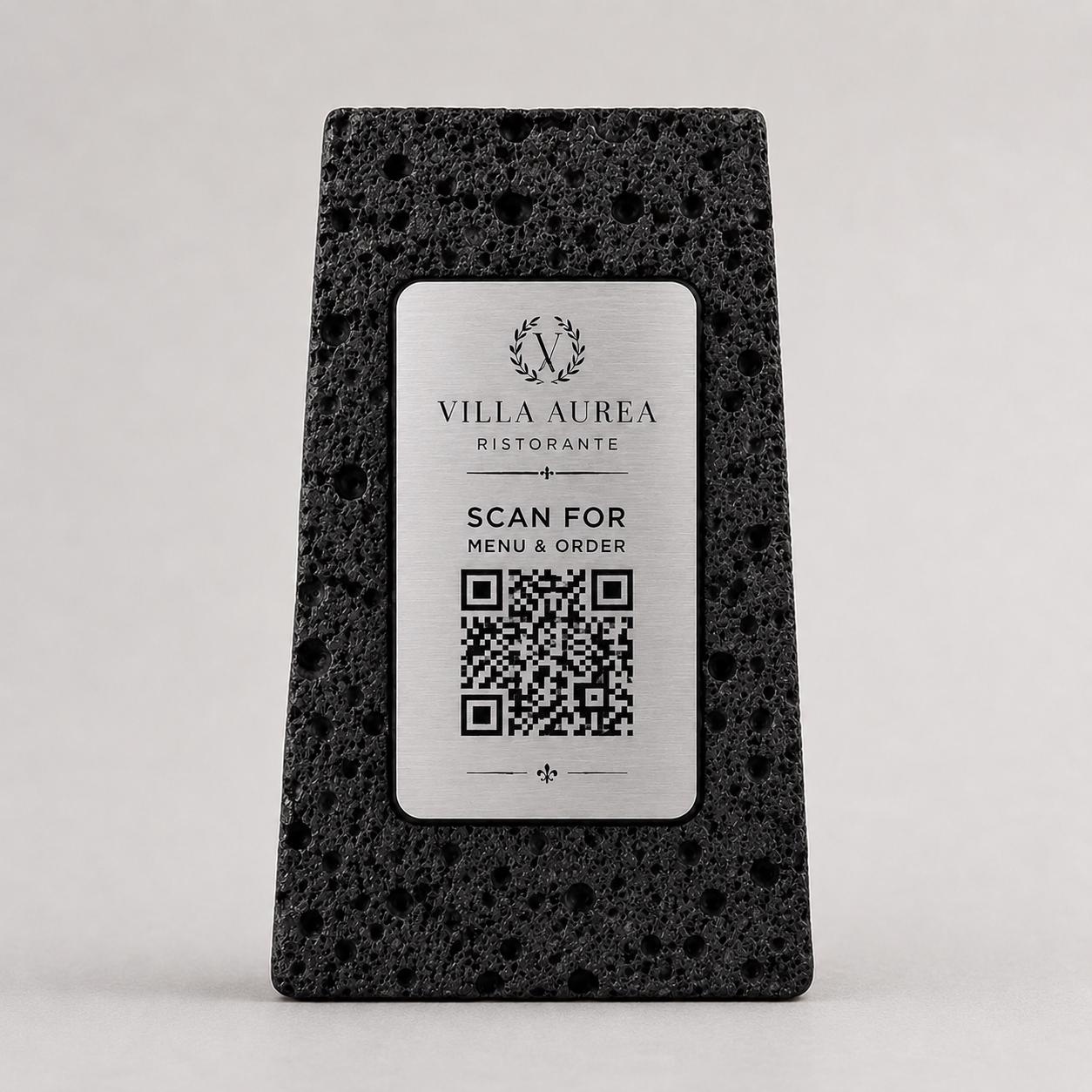 Supporto QR Code Menu Ristorante in PLA effetto pietra vulcanica rame | Totem da Tavolo Personalizzato con Logo e Targhetta Incisa Laser