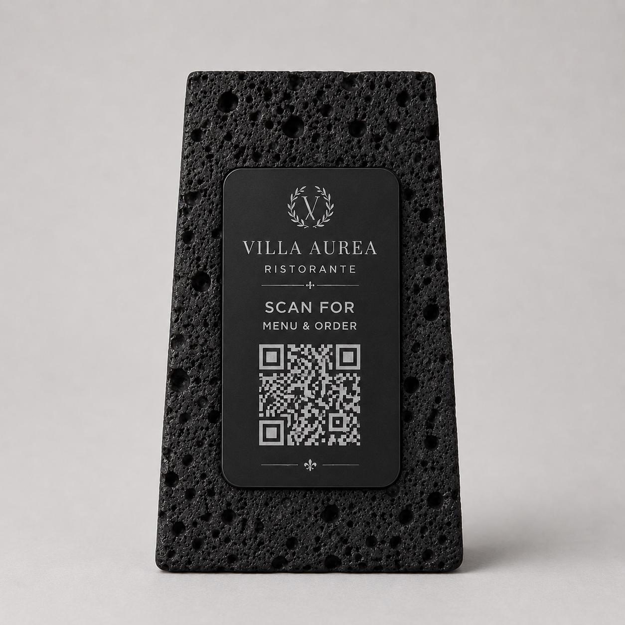 Supporto QR Code Menu Ristorante in PLA effetto pietra vulcanica rame | Totem da Tavolo Personalizzato con Logo e Targhetta Incisa Laser