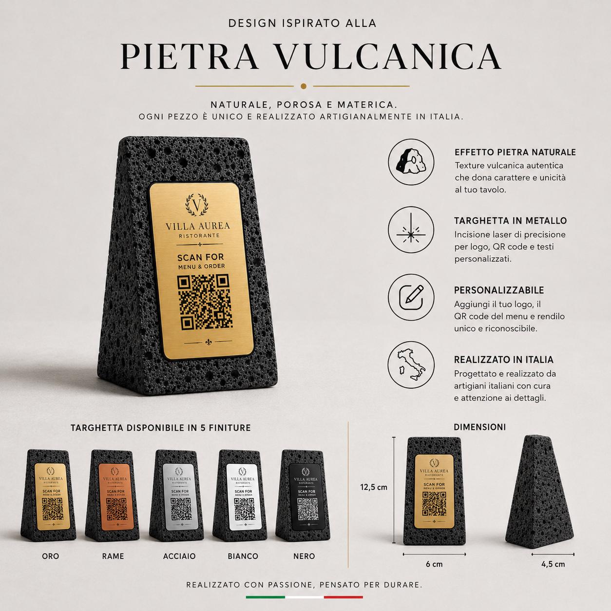 Supporto QR Code Menu Ristorante in PLA effetto pietra vulcanica rame | Totem da Tavolo Personalizzato con Logo e Targhetta Incisa Laser