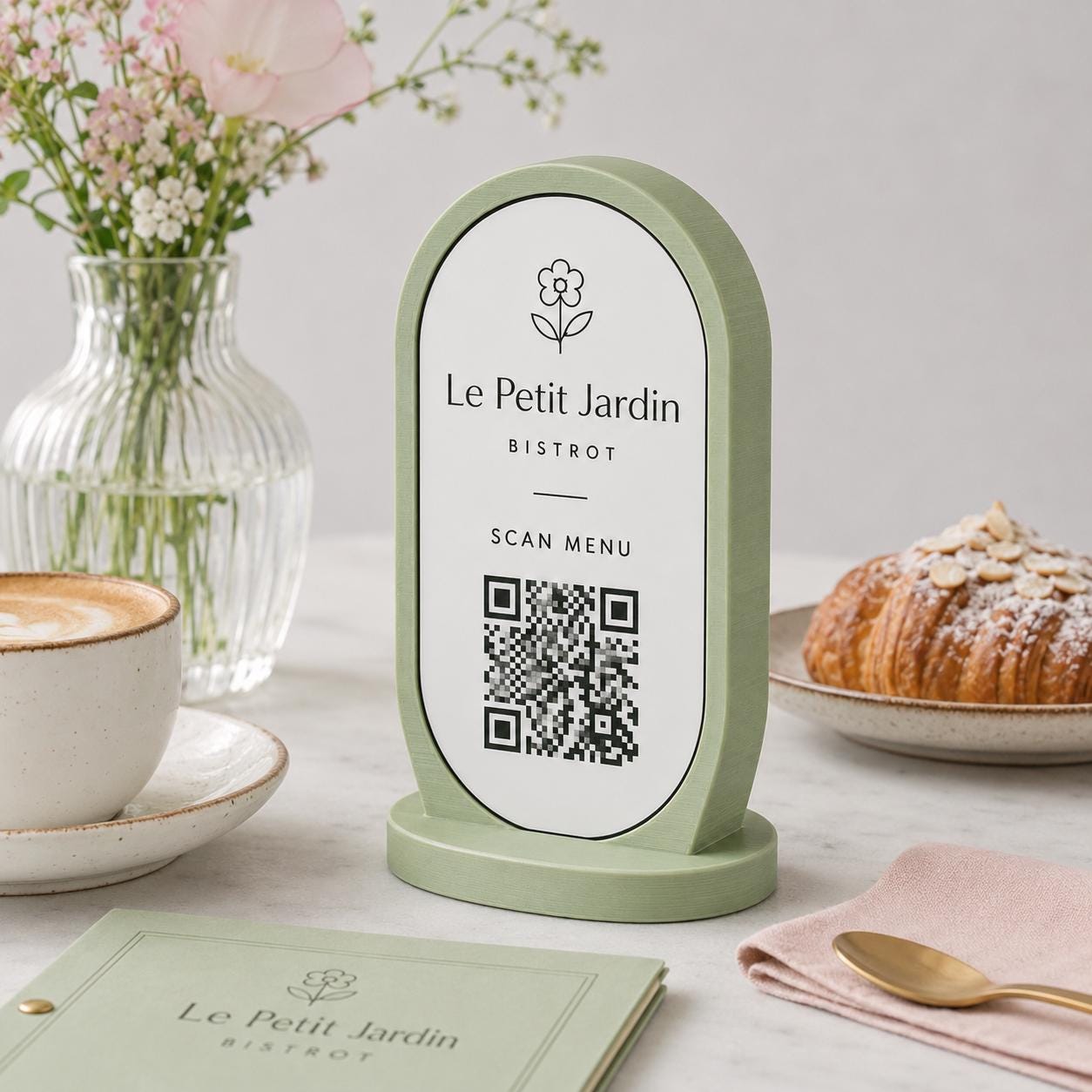 Porta Menu QR Code linea POP Bistrò Rosa confetto Personalizzato per Ristorante e Bar Segnatavolo Menu Digitale Display QR 3d