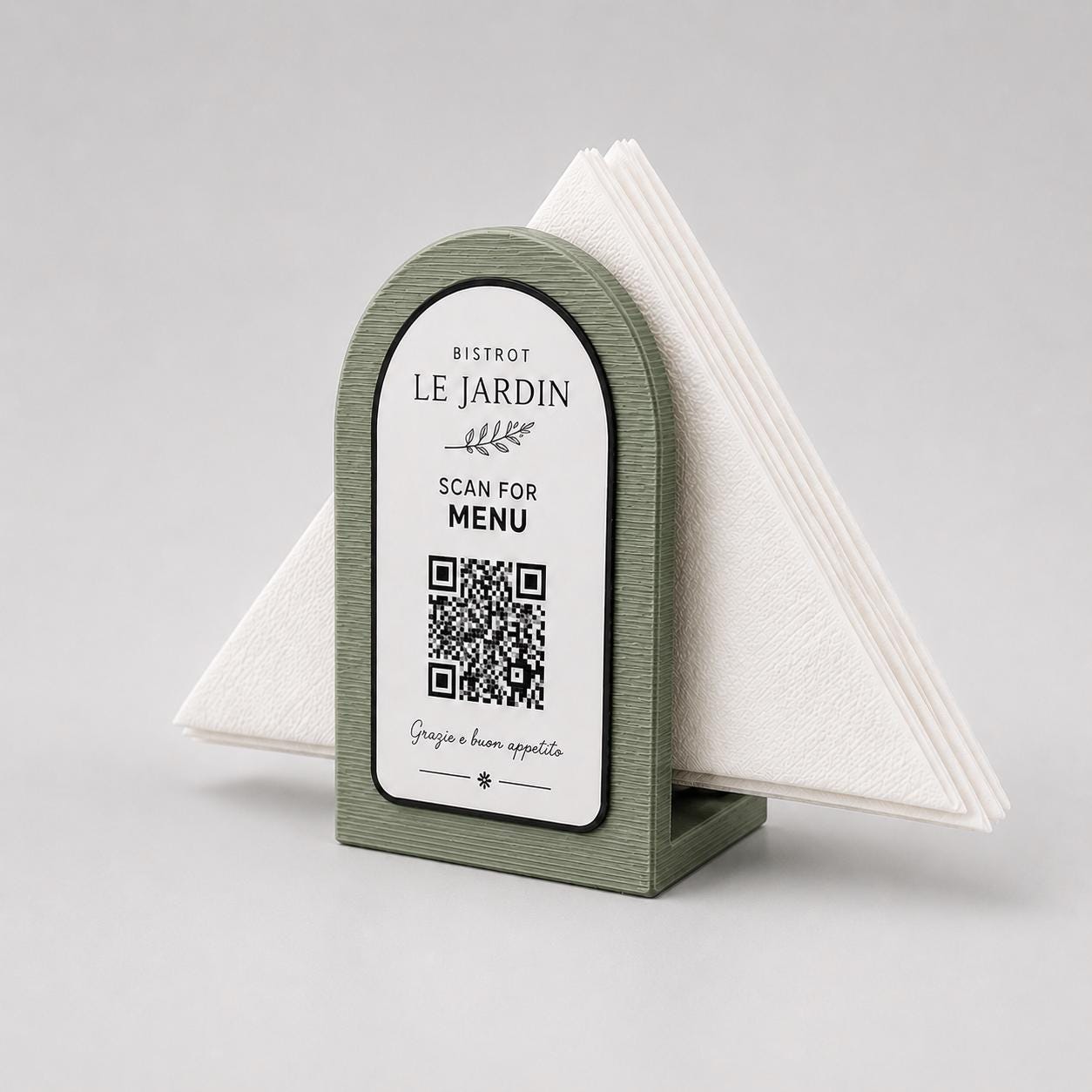 Portatovaglioli QR Code linea POP Bistrò verde salvia Personalizzato per Ristorante e Bar Segnatavolo Menu Digitale Display QR 3d