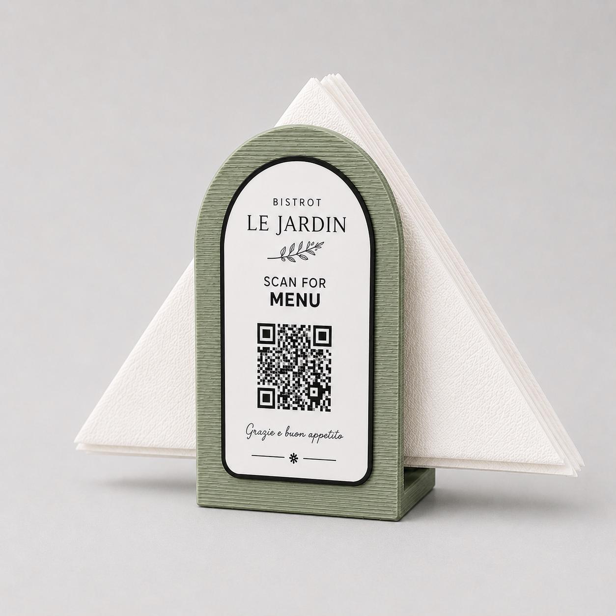 Portatovaglioli QR Code linea POP Bistrò Rosa confetto Personalizzato per Ristorante e Bar Segnatavolo Menu Digitale Display QR 3d