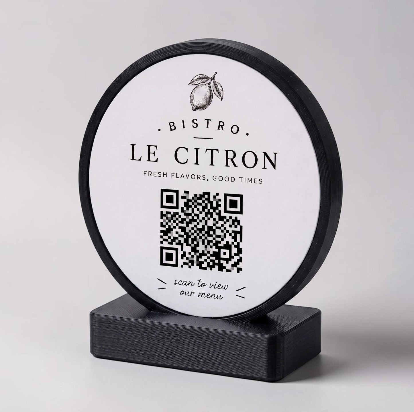 stand tondo QR Code linea POP Bistrò azzurro pastello Personalizzato per Ristorante e Bar Segnatavolo Menu Digitale Display QR 3d