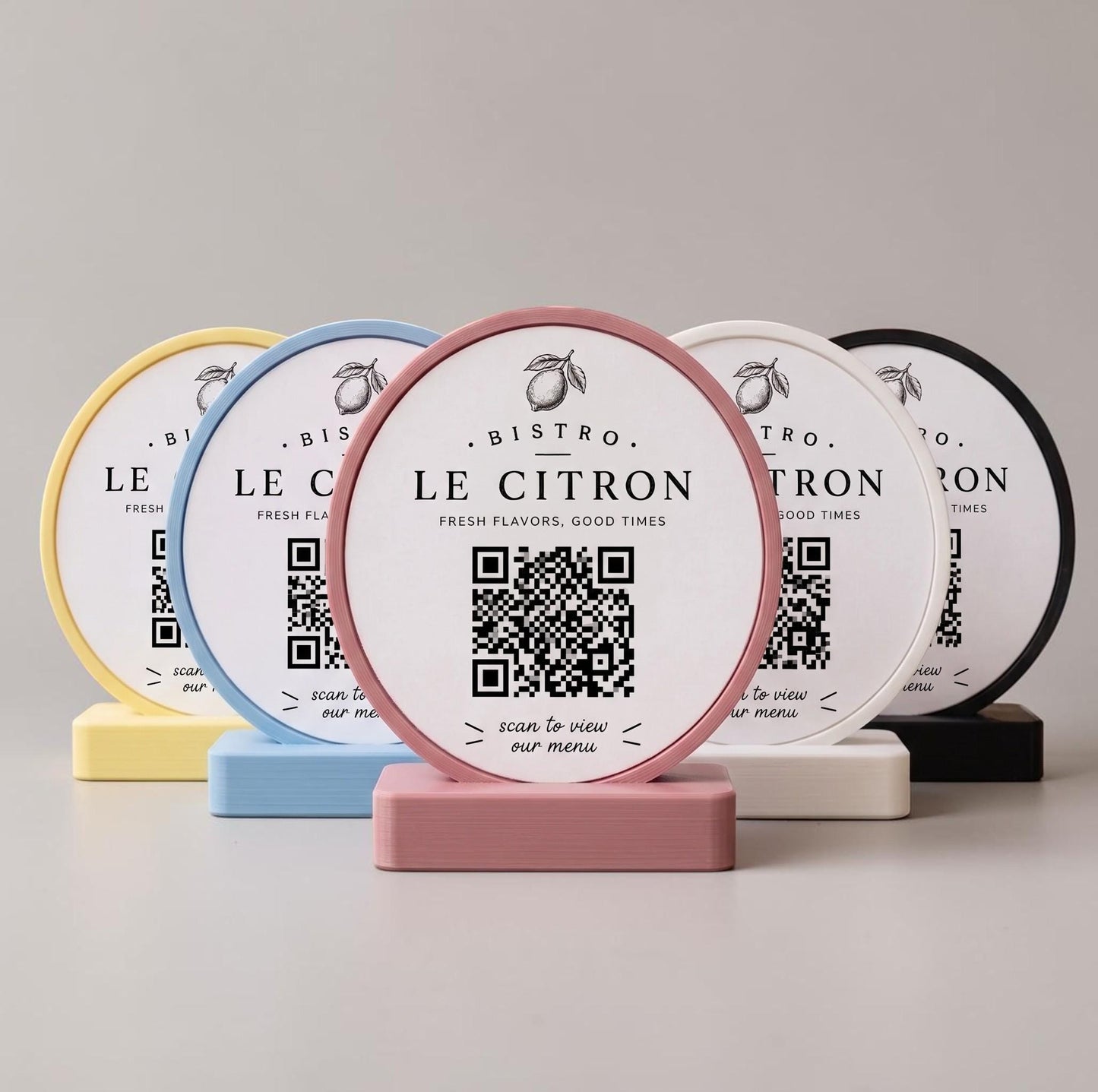 stand tondo QR Code linea POP Bistrò bianco sporco Personalizzato per Ristorante e Bar Segnatavolo Menu Digitale Display QR 3d