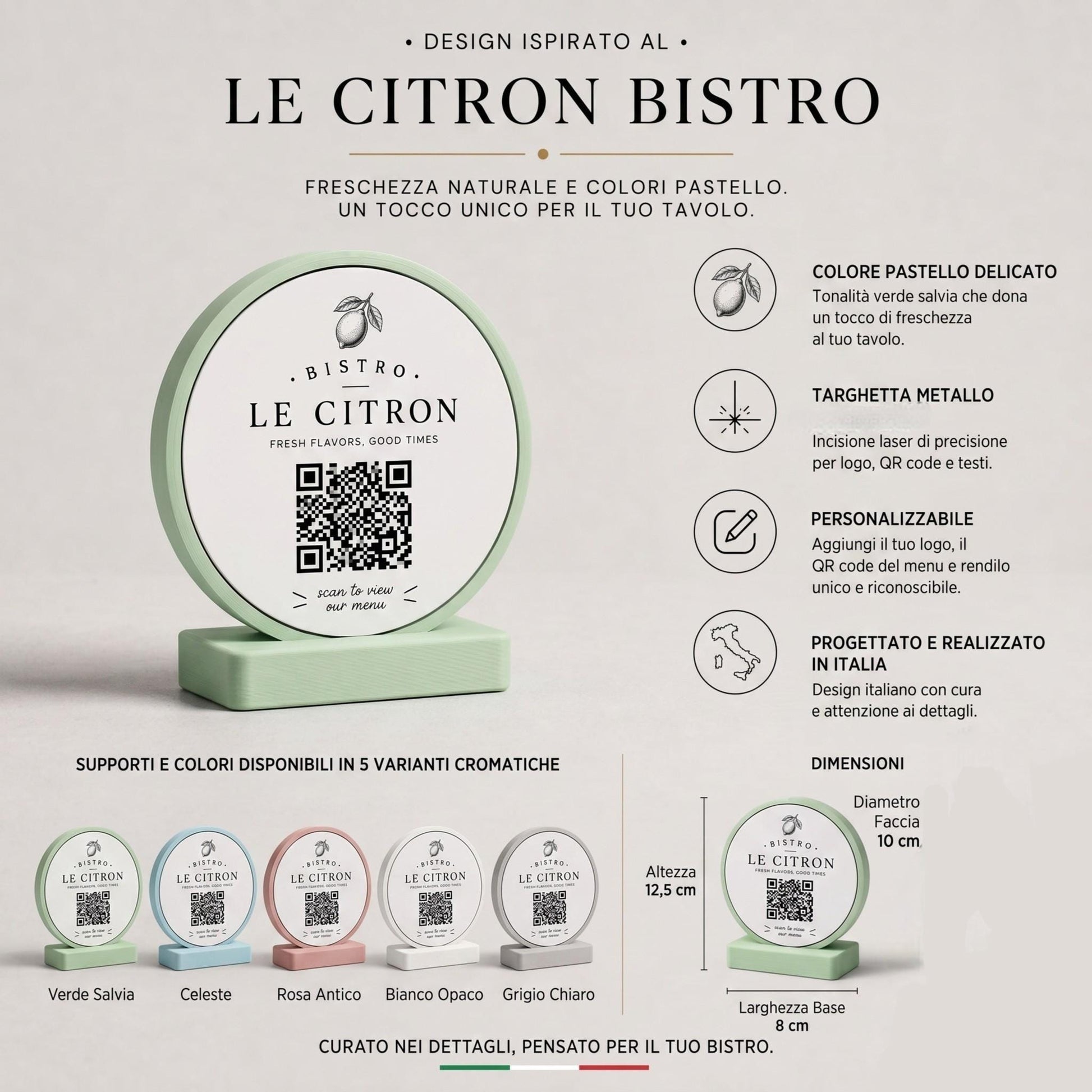 stand tondo QR Code linea POP Bistrò azzurro pastello Personalizzato per Ristorante e Bar Segnatavolo Menu Digitale Display QR 3d