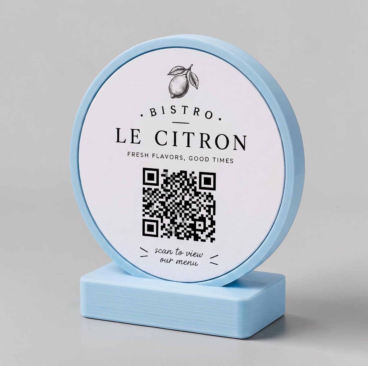stand tondo QR Code linea POP Bistrò azzurro pastello Personalizzato per Ristorante e Bar Segnatavolo Menu Digitale Display QR 3d