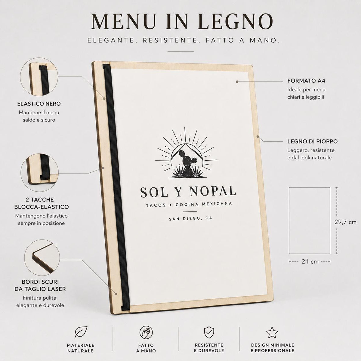 Portamenu in Legnoc color ebano con Elastico Personalizzato | Tavoletta Portamenu Minimal per Ristorante e Pub, menu rustico