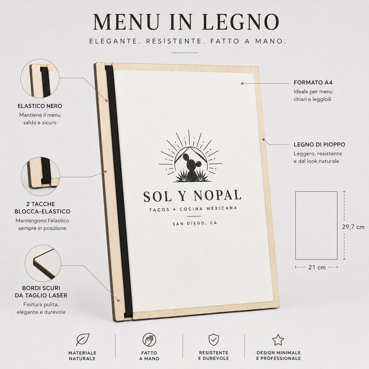 Portamenu in Legno con Elastico Personalizzato | Tavoletta Portamenu Minimal per Ristorante e Pub, Portablocco Listino Prezzi Moderno