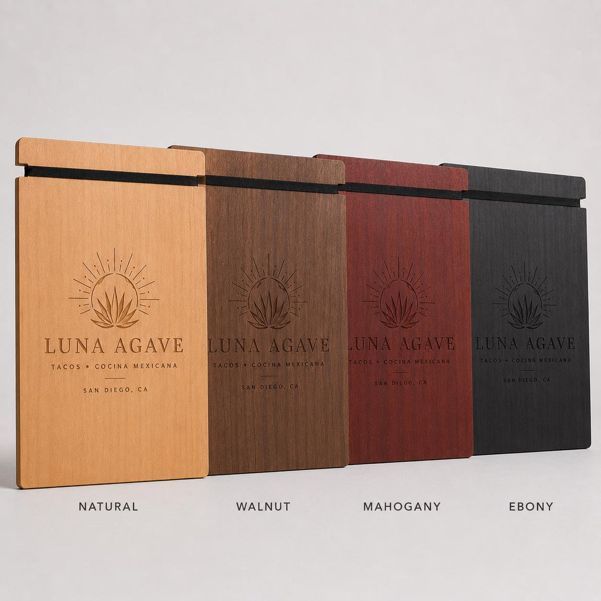 Portamenu in Legno color pioppo con Elastico Personalizzato | Tavoletta Portamenu Minimal per Ristorante e Pub, menu rustico