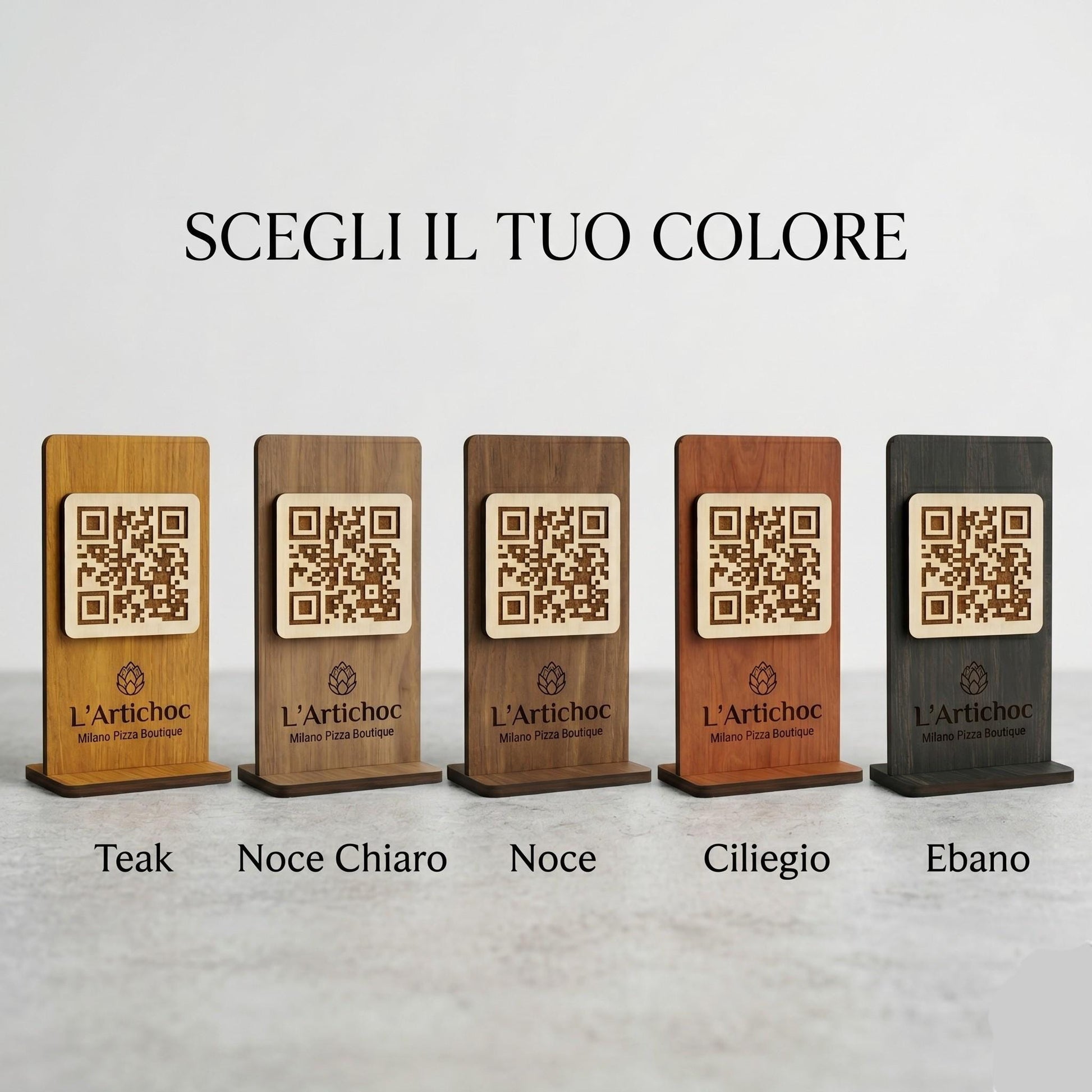 Porta QR Code in legno personalizzato, segnatavolo inciso laser per menu digitale ristorante bar hotel