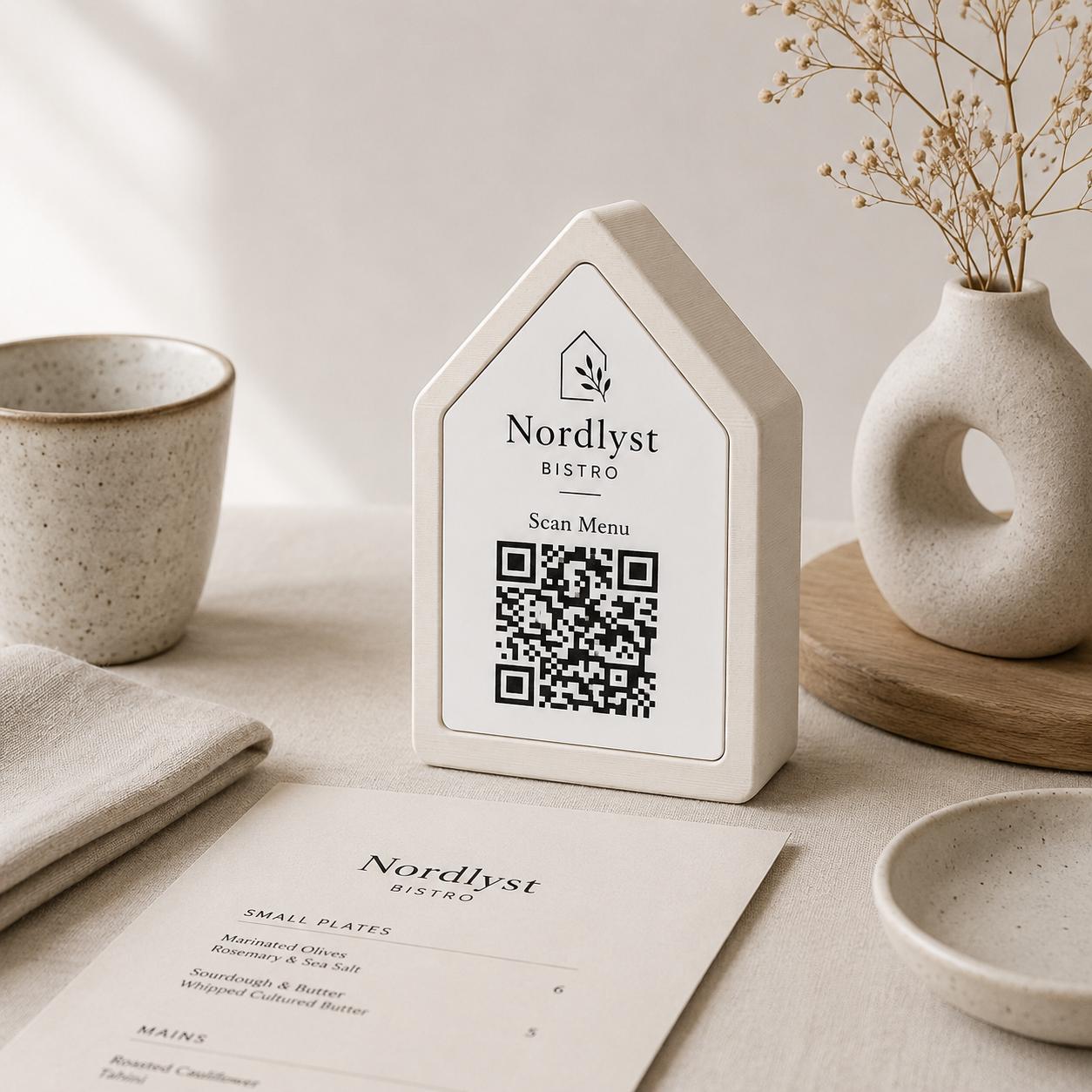 Qr code Linea stile NORDIC scandinavo minimal rosa Espositore Menu QR Code in Stampa 3D e Lastra in legno di pioppo Incisa al Laser