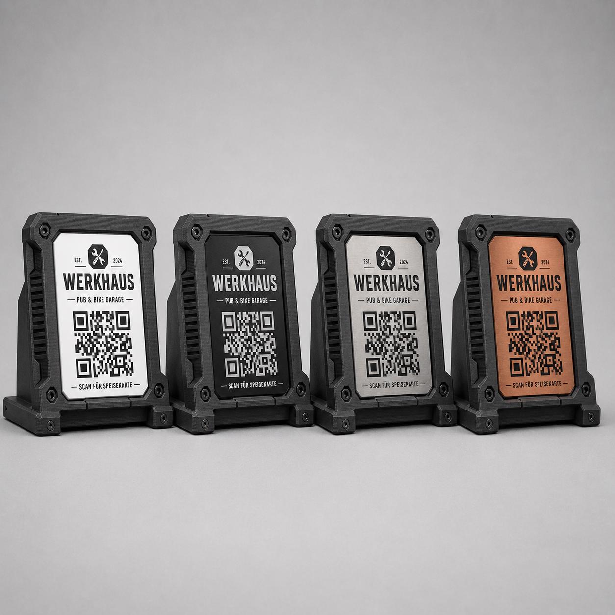 Porta QR Code Ristorante Stile Industrial rock hamburgeria acciaio | Segnatavolo Personalizzato con Logo Steakhouse PUB | Supporto Menu