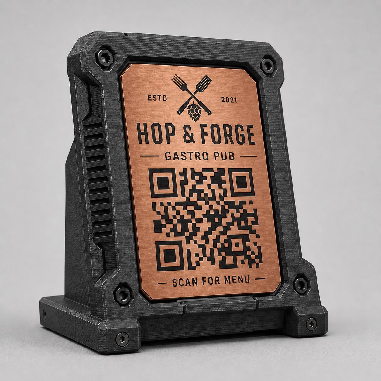 Porta QR Code Ristorante Stile Industrial rock hamburgeria rame | Segnatavolo Personalizzato con Logo Steakhouse e Birrerie | Supporto Menu