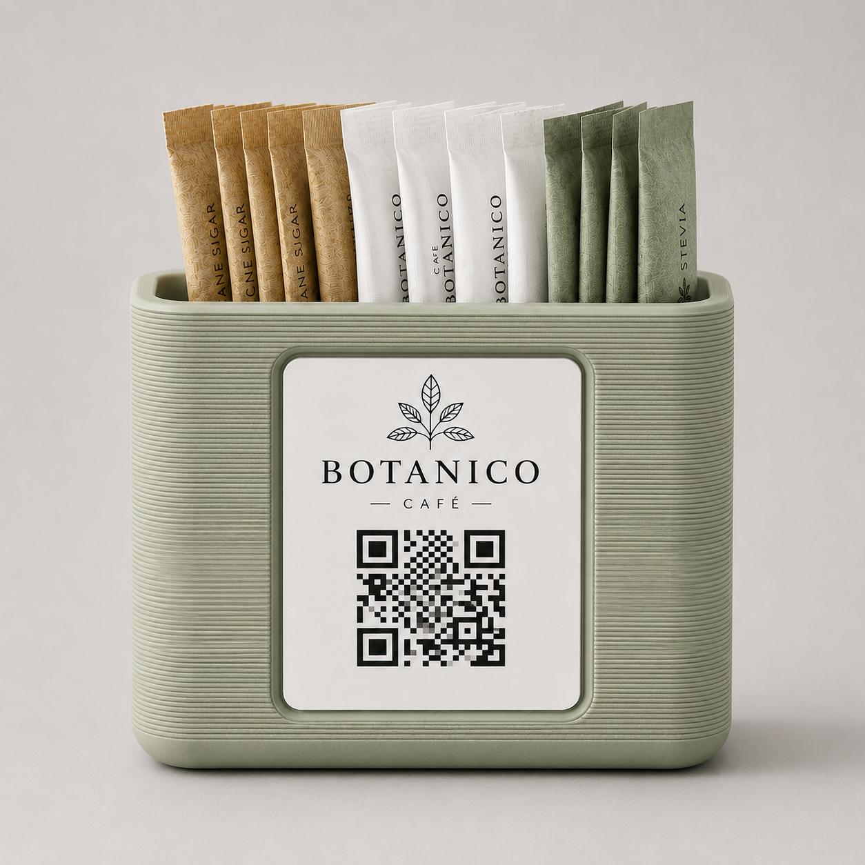 Organizzatore da Tavolo per Bustine di Zucchero blu 3D "Botanico Café" con QR Code Portabustine da zucchero con qr code per caffetterie bar