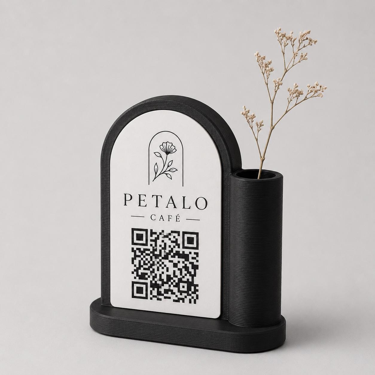 Centrotavola vasetto portafiori con QR Code rosa per caffetterie bar per bar pasticceria bakery floreale qr code boho design
