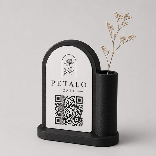 Centrotavola vasetto portafiori con QR Code per caffetterie bar per bar pasticceria bakery floreale qr code boho design