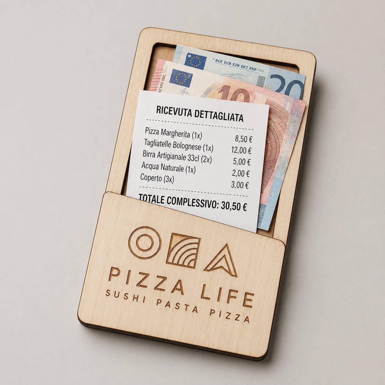 Portaricevuta in legno mogano con incisione logo ristorante personalizzato, segnatavolo inciso laser per menu digitale ristorante bar hotel
