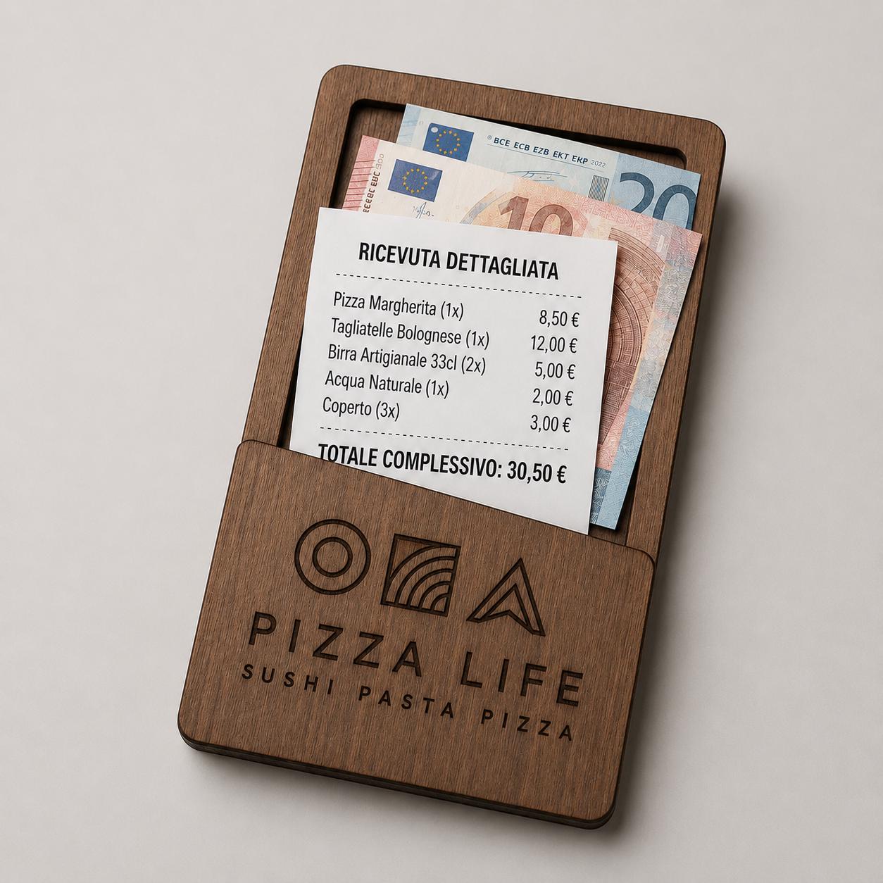 Portasoldi in legno noce con incisione logo ristorante personalizzato, segnatavolo inciso laser per menu digitale ristorante bar hotel