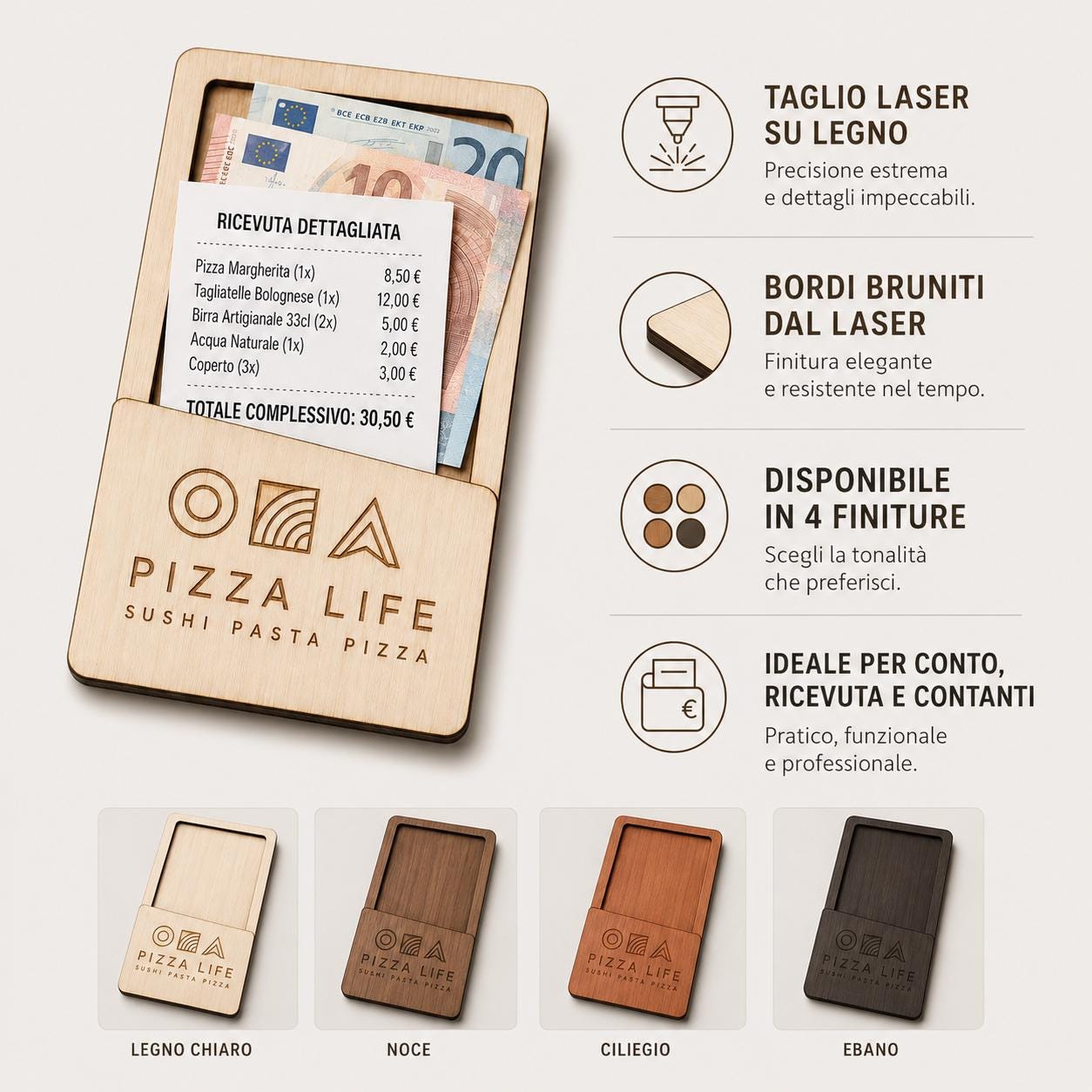 Portasoldi in legno noce con incisione logo ristorante personalizzato, segnatavolo inciso laser per menu digitale ristorante bar hotel