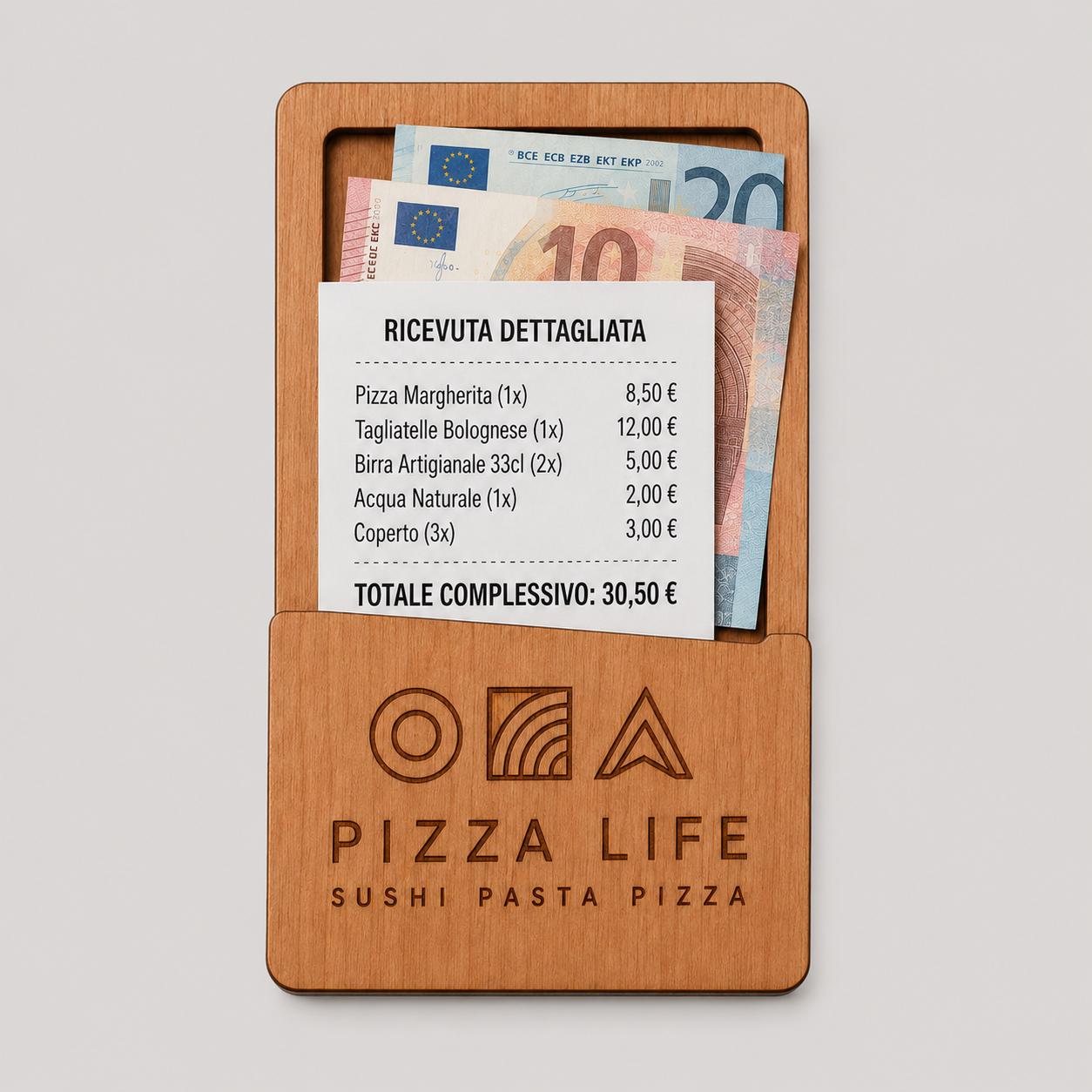 Portaricevuta in legno mogano con incisione logo ristorante personalizzato, segnatavolo inciso laser per menu digitale ristorante bar hotel