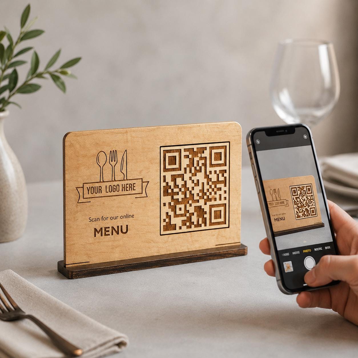 QR Code da tavolo in legno color legno chiaro personalizzato, segnatavolo inciso laser per menu digitale ristorante bar hotel