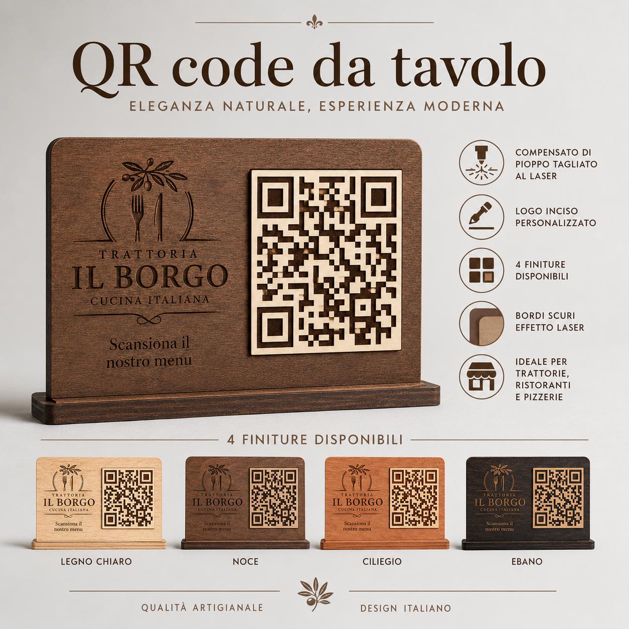 QR Code da tavolo in legno color noce personalizzato, segnatavolo inciso laser per menu digitale ristorante bar hotel