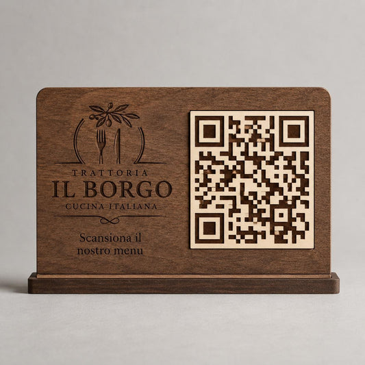 QR Code da tavolo in legno color noce personalizzato, segnatavolo inciso laser per menu digitale ristorante bar hotel