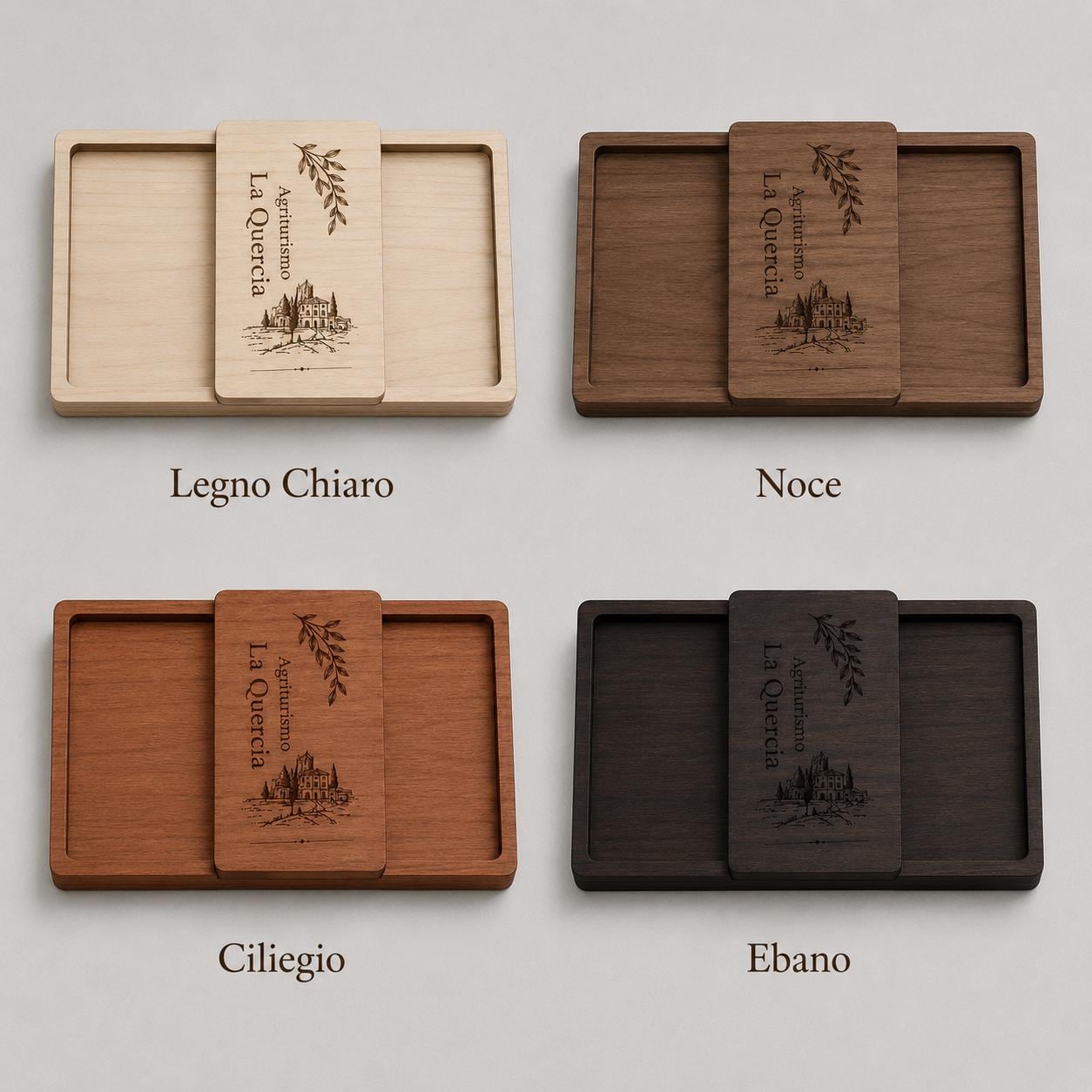 Portasoldi in legno noce con incisione logo ristorante personalizzato, segnatavolo inciso laser per menu digitale ristorante bar hotel