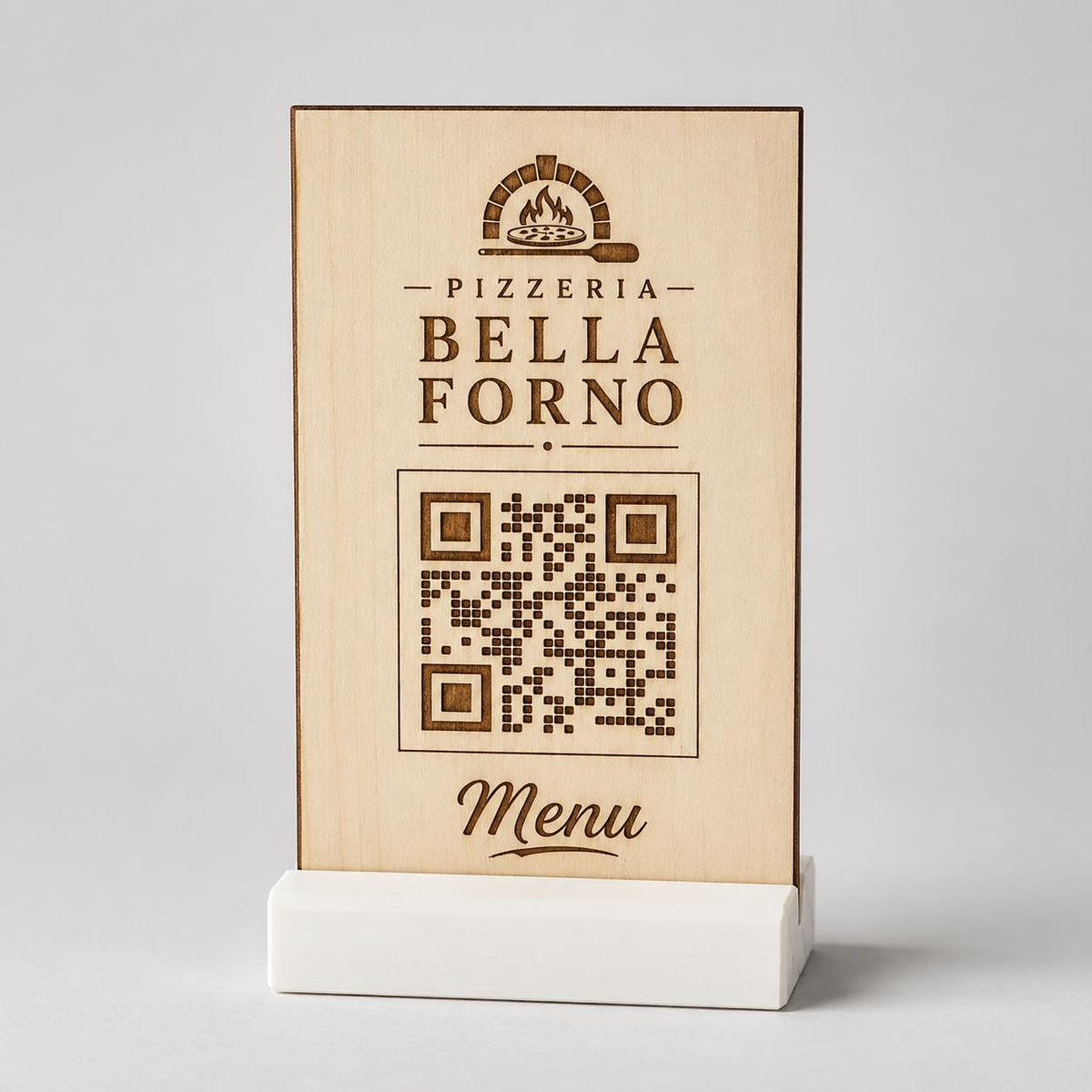 Totem qr code in legno e base in 3d in plastica con basetta per caffetterie bar pasticceria bakery floreale qr code design rustico moderno