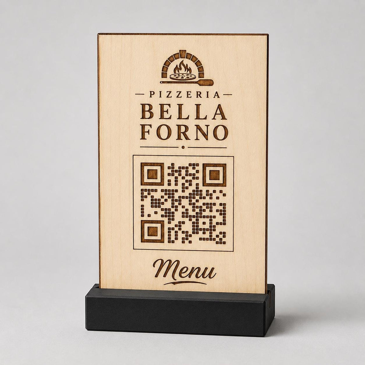 qr code in legno e base in 3d in plastica con basetta per caffetterie bar pasticceria bakery floreale qr code design rustico moderno