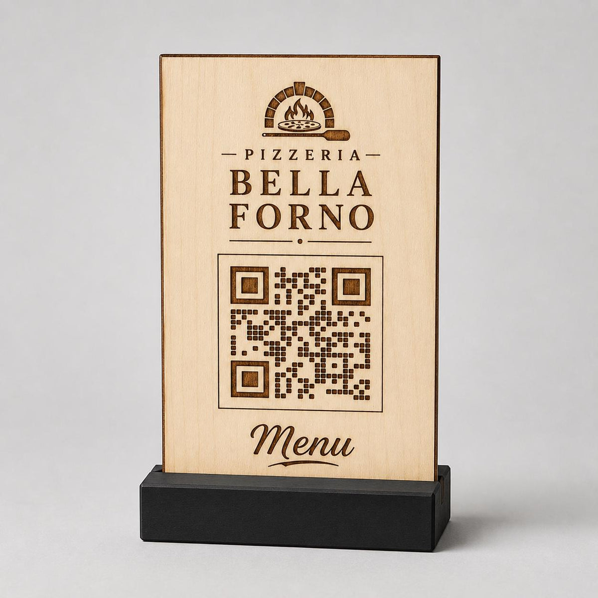 Totem qr code in legno e base in 3d in plastica con basetta per caffetterie bar pasticceria bakery floreale qr code design rustico moderno