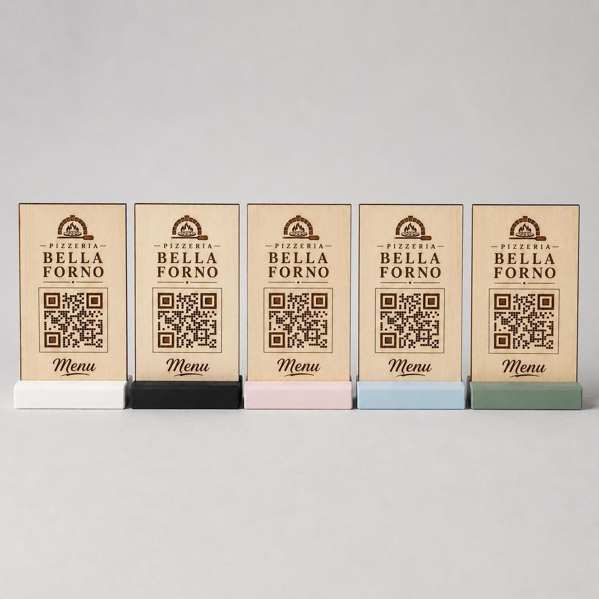 qr code in legno e base in 3d in plastica con basetta per caffetterie bar pasticceria bakery floreale qr code design rustico moderno